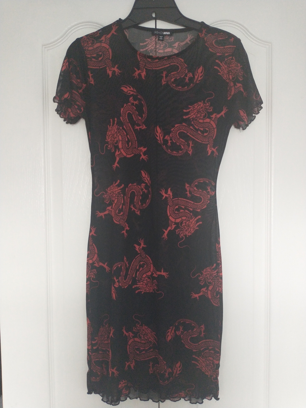 Fashion Nova Black Sheer Mini Dress with Red Dragon Print